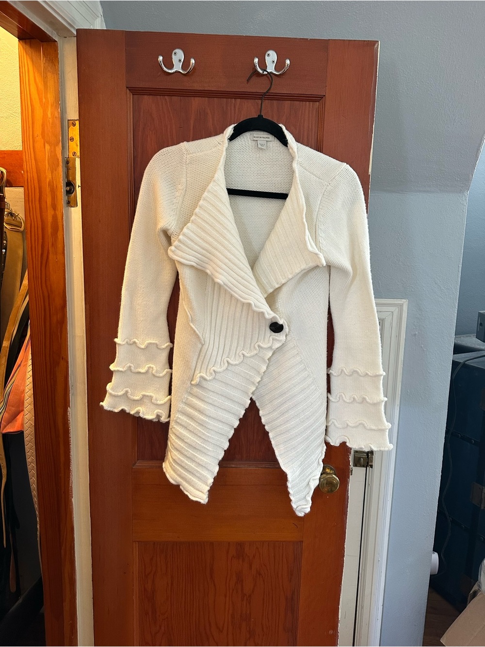 Boston Proper Cream Ruffle-Trim Cascade Cardigan